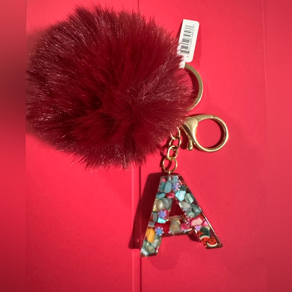 Elegant Burgundy Pom Pom Keychain with Colorful Initial Charm